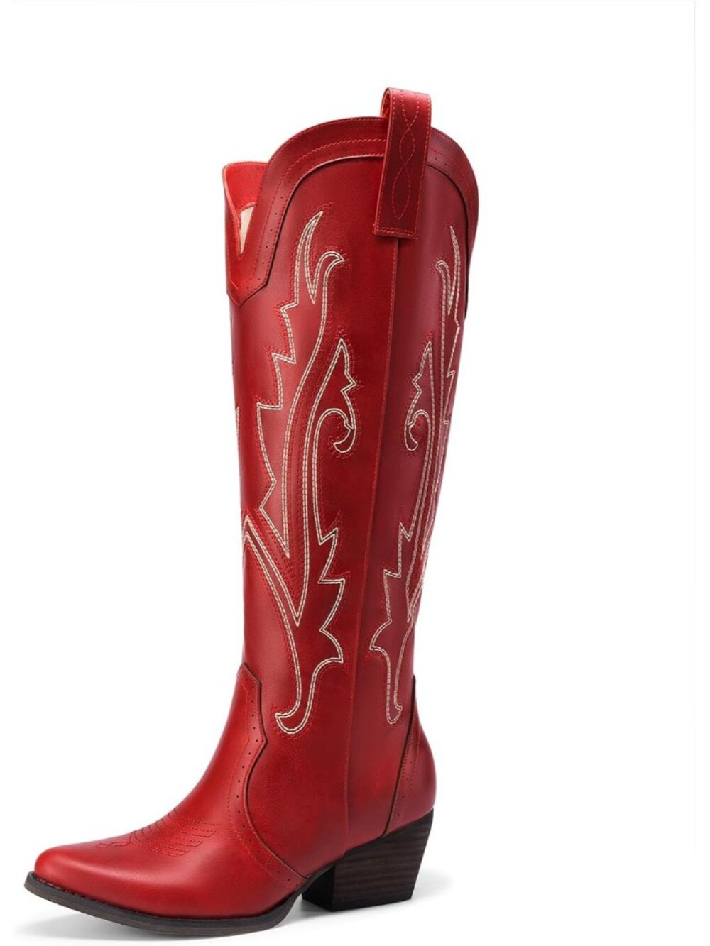 Women's Red Embroidered Western Pull-On Knee-High Cowgirl Boots Pointed Toe